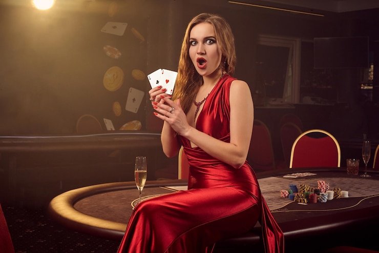 Meja Texas Hold'em Bonus di romawibet menampilkan kartu komunal dan dealer profesional